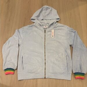 Sundry Light Blue Hoodie Jacket with Rainbow Cuffs. Fits small to medium